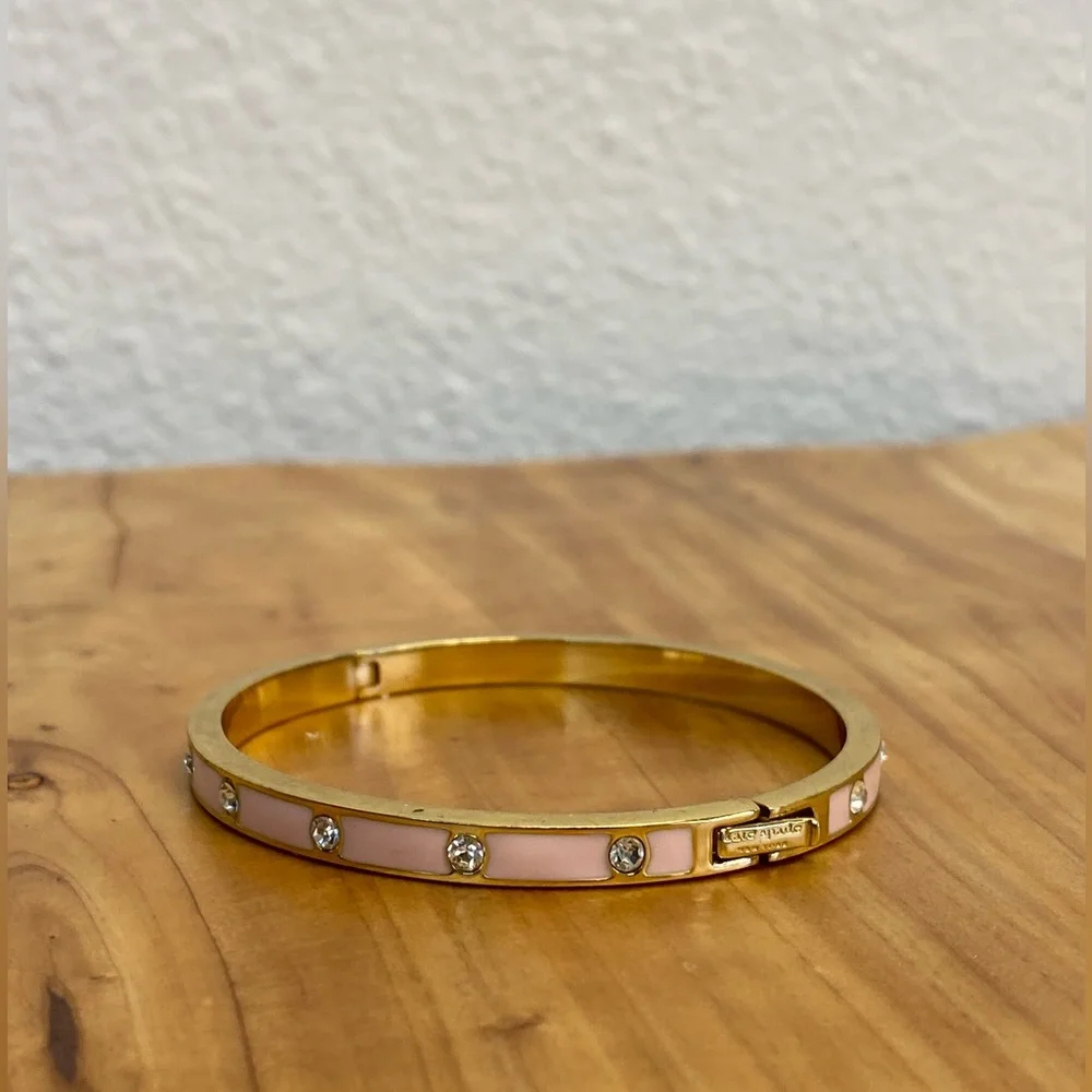 Kate Spade Pink Enamel + Rhinestone Gold Hinge Bangle Bracelet - Picture 3 of 3